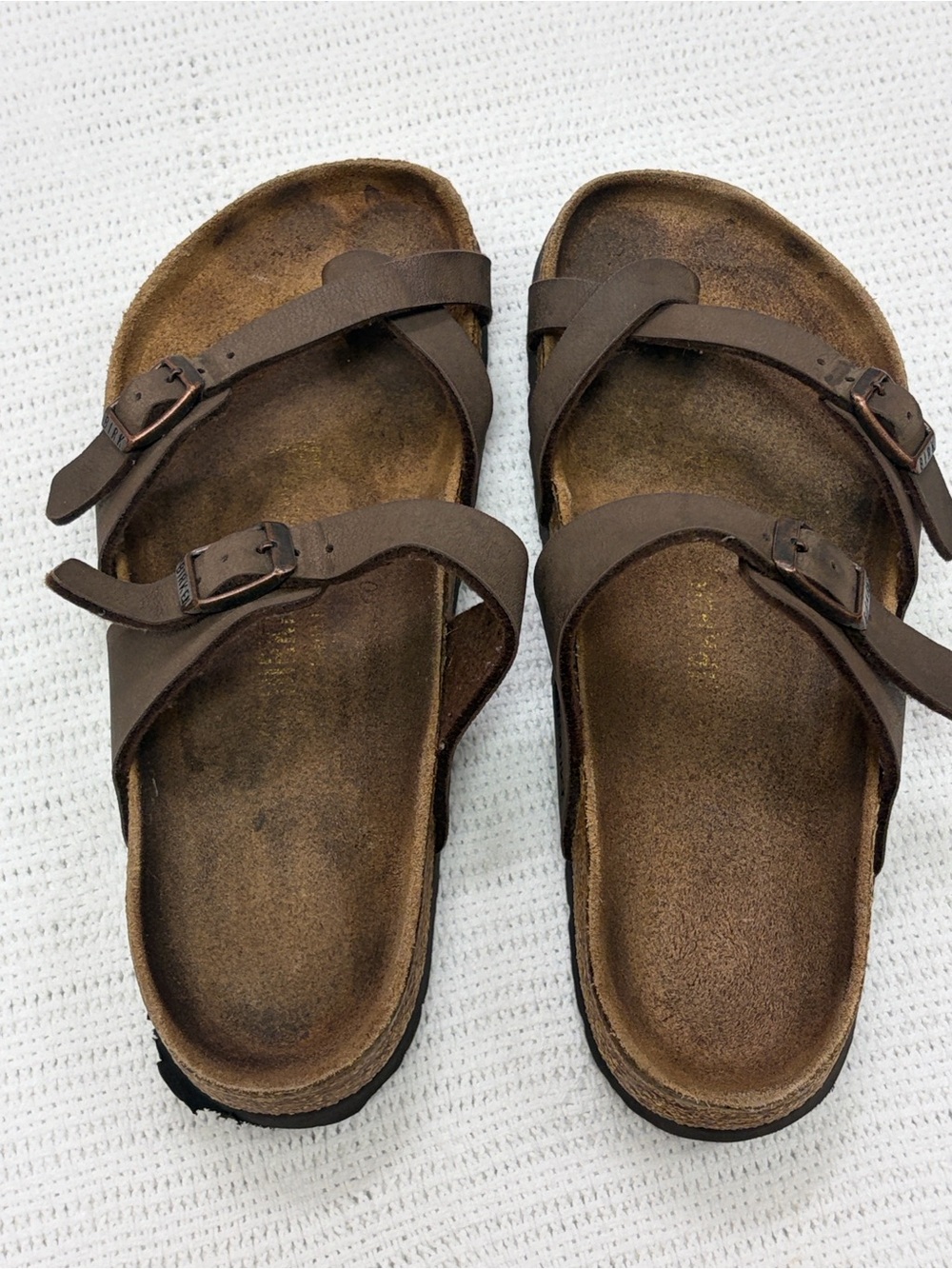 Birkenstock Brown Leather Two-Strap Slide Sandals